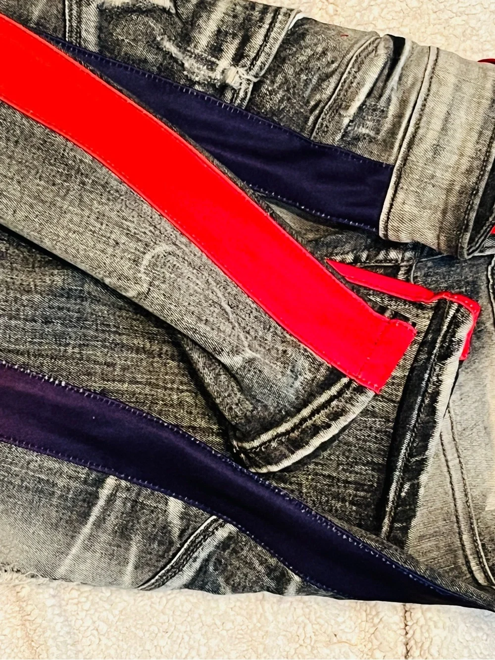 Focus NWOT Slim Fit Blue Distressed Jeans with Red & Purple Stripe - Picture 12 of 13